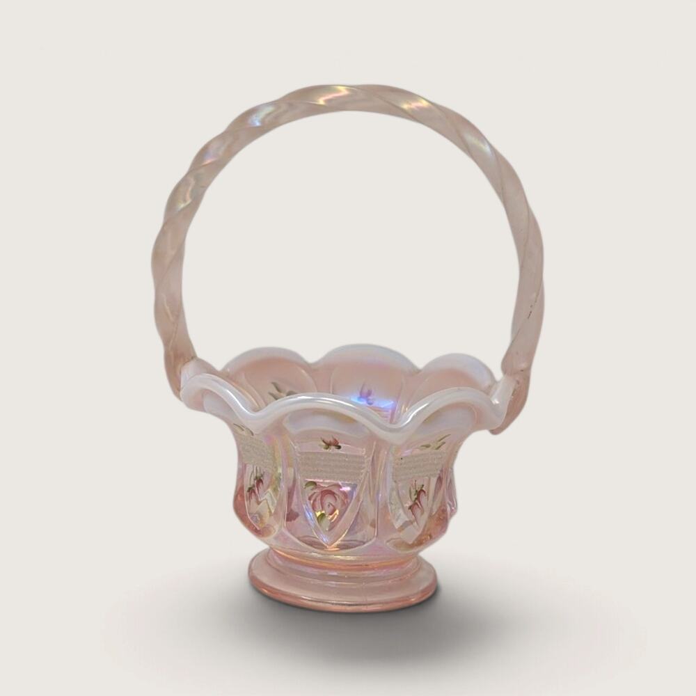 Vintage Fenton Handpainted Pink Glass Basket Signed Floral Art Glass